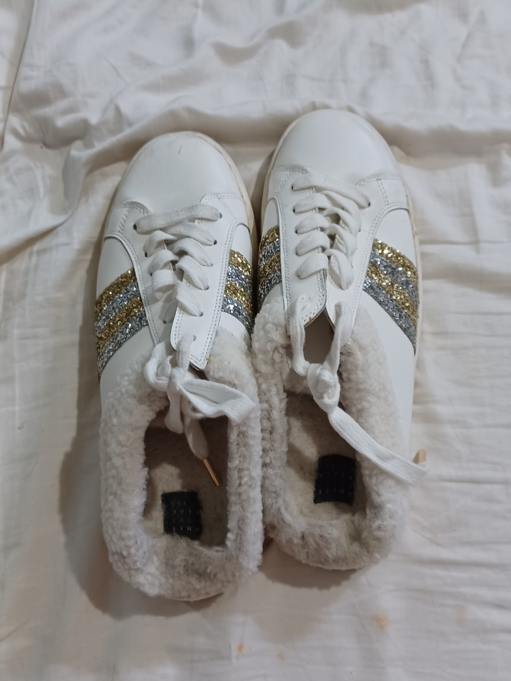 White House Black Market White Sneakers with Gold & Silver Glitter Stripes